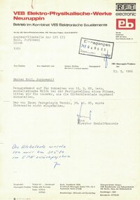 Brief VEB Elektrophysikalische Werke Neuruppin