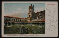 Ansichtskarte von Arthur Schnitzler an Hofmannsthal mit kolorierter Ansicht des Klosterhofs in Monreale