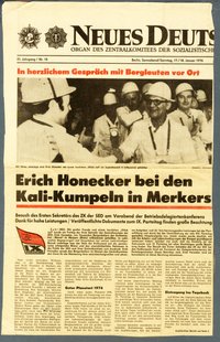 Zeitungsausschnitt "Erich Honecker bei den Kali-Kumpeln in Merkers"