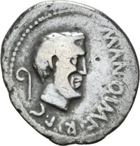 Denar des M. Antonius mit Darstellung des C. Julius Caesar