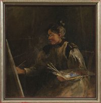 Die Malerin Pietronella Peters vor der Staffelei