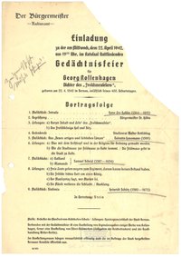 Einladung und Programm zur Gedächtnisfeier für Georg Rollenhagen in Bernau 1942
