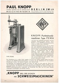 Werbeblatt der Firma Paul Knopp in Berlin für Punktschweißmaschinen PEMA ca. 1934