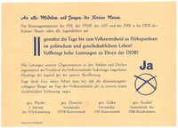 Flugblatt der Kreisorganisationen von FDJ, DTSB, GST und DRK in der DDR an die Jugendlichen des Kreises Nauen zum Volksentscheid über die "sozialistische" DDR-Verfassung 1968