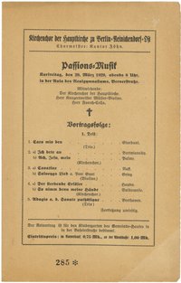 Programm der Passions-Musik in der Aula des Realgymnasiums in Berlin-Reinickendorf am 29. März 1929