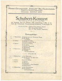 Programm zum Schubert-Konzert des Männer-Gesangvereins "Eintracht" Berlin-Friedrichsfelde in der Kantschule in Karlshorst am 21. Oktober 1928
