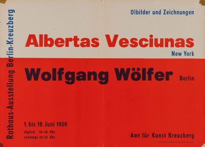 Ausstellungsplakat "Ölbilder und Zeichnungen" der Künstler Albertas Vesciunas und Wolfgang Wölfer, 1959