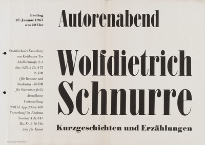 Plakat: Autorenabend mit dem Künstler Wolfdietrich Schnurre, mit Kurzgeschichten und Erzählungen, 1967