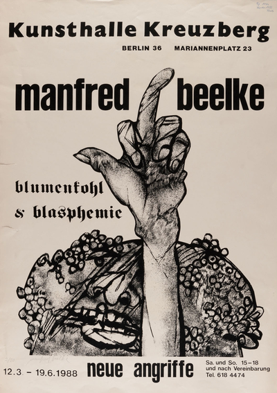 Ausstellungsplakat des Künstlers Manfred Beelke "Blumenkohl + Blasphemie - Neue Angriffe", 1988