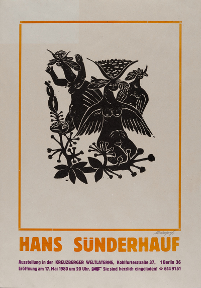 Ausstellungsplakat des Künstlers Hans Sünderhauf in der Kneipe "Die kleine Weltlaterne", 1980