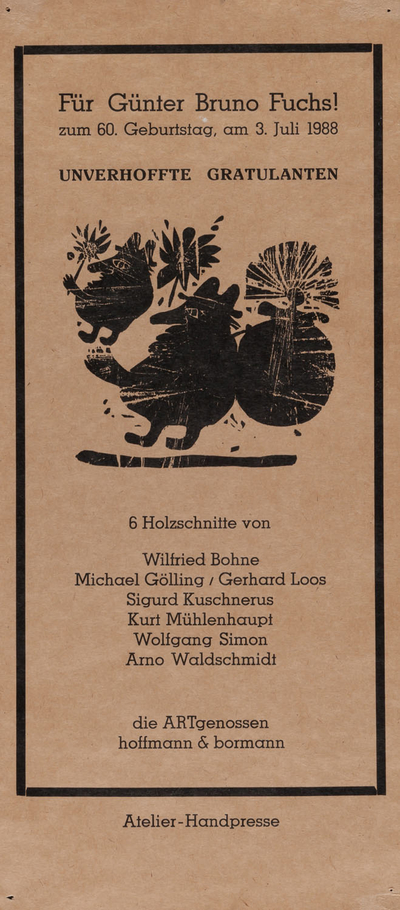 Ausstellungsplakat "unverhoffte Gratulanten" für den Künstler Günter Bruno Fuchs, anlässlich seines 60. Geburtstages, 1988