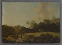 Klengel, Johann Christian: Landschaft mit schubkarrefahrendem Bauern auf einem Weg, der zu einer Anhöhe führt, wo Rinder weiden; rechts in einer Senke ein Bauernhaus, 1772