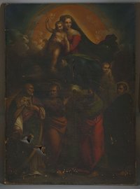 Raffael (nach): Auf Wolken thronende Madonna mit vier Heiligen, Mitte 19. Jahrhundert