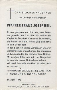 Totenzettel Pfarrer Franz Josef Heil