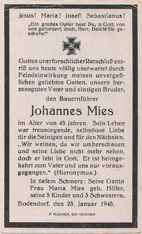 Totenzettel von Johannes Mies