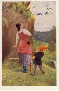 Die sieben Raben Märchenpostkarte