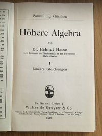 Hasse, Helmut: Höhere Algebra, 1926.