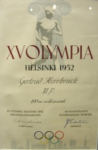 Olympiaurkunde Gertrud Herrbruck, 1952 Helsinki