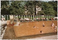 Druckvorlage für Ansichtskarte Thermalschwimmbad Bad Sinzig mit braunem Wasser in Schwimmbecken