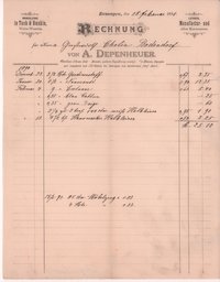 Rechnung von A. Deperheuer in Remagen vom 18. Februar 1891 an Gastwirtschaft Cholin in Bodendorf/Ahr