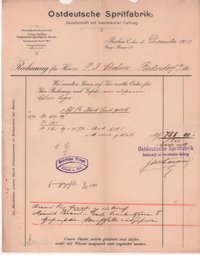 Rechnung der Ostdeutschen Spritfabrik in Berlin vom 3. Dezember 1900 an Peter Josef Cholin in Bodendorf/Ahr