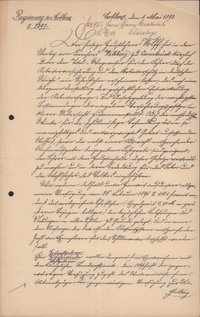 Anweisung der Regierung zu Coblenz vom 1. Mai 1893 an Pfarrer Reuchenbach ein Büchlein für das Schulinventar gekauft werden muss
