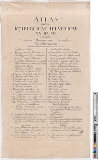 Buchseite mit Inhaltsverzeichnis des "Atlas novus Reipublicae Helveticae XX Mappis"