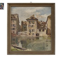 Ölbild: Häuser am Fluß