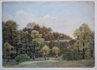 Blick aus dem Lustgarten zum Schloß Wernigerode, aquarelliert von V. Vieth, 4. September 1852