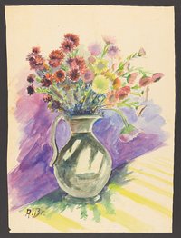 Violetter Hintergrund bei bauchiger Henkel- und Blumenvase