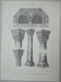 Ilsenburg: Kapitelle, Säulen, Basen und Relief aus der Klosterkirche, 1848 (aus: Brockhaus "Baukunst des Mittelalters")