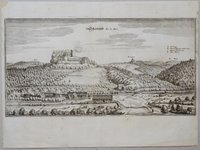 Scharzfeld: Burg Scharzfels und Ort von Süden, 1654 (aus: Merian "Braunschweig")