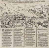 Wahre Abbildung deß Vesten orthß Stein so den 21. Augusti Anno 1621. von den Spanischen erobert, sambt denselben Schantzen und Schiffbrucken daselbsten.