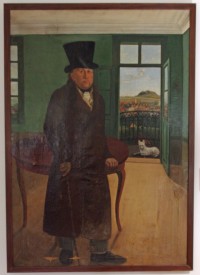 Christian Friedrich Seige in seinem Gartenhaus mit Blick auf Pößneck und die Altenburg