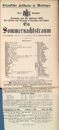 Ein Sommernachtstraum, 20. 02. 1910 (Herzogliches Hoftheater in Meiningen, Theaterzettel)