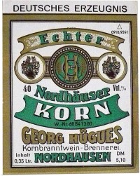 Etikett der Familie Georg Hügues "Echter Nordhäuser Korn"