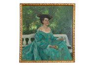 Gemälde "Junge Frau in grünem Kleid auf einer Parkbank"