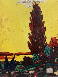 Rote Zypresse mit gelbem See und Himmel