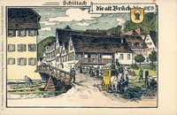 Grafik der Stadtbrücke Schiltach von Heinrich Eyth, gedruckt als Postkarte