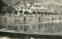 Postkarte "Wolfach, letzte Floßfahrt auf der Kinzig 1929"