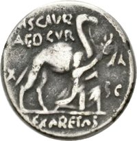 Denar der Römischen Republik mit Darstellung der Unterwerfung des Königs Aretas