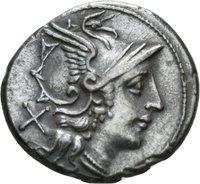 Denar der Römischen Republik mit Darstellung der Victoria in einer Quadriga