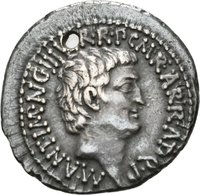 Denar des M. Antonius mit Darstellung des Octavian