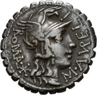 Denar serratus der Römischen Republik mit Darstellung eines Kriegers in einer Biga