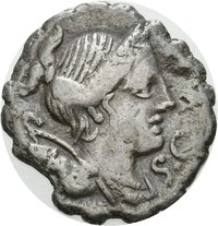 Denar serratus des T. Claudius Nero mit Darstellung der Victoria in einer Biga