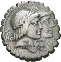 Denar serratus des Q. Fufius Calenus und des P. Mucius Scaevola Cordus mit Darstellung der Italia und der Roma