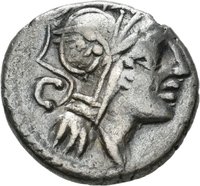 Denar des D. Iunius Silanus mit Darstellung der Victoria in einer Biga