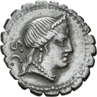 Denar serratus des C. Naevius Balbus mit Darstellung der Victoria in einer Triga