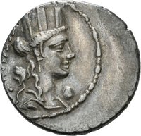 Denar des M. Plaetorius Cestianus mit Darstellung eines curulischen Stuhls