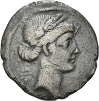 Denar des Q. Pomponius Musa mit Darstellung der Muse Urania
